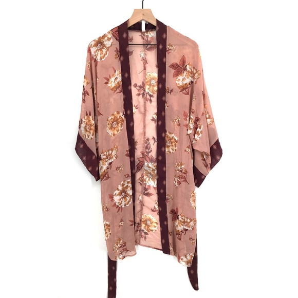 Xhilaration kimono floral dusty rose fall autumn sheer top boho robe M L women's - Picture 2 of 12